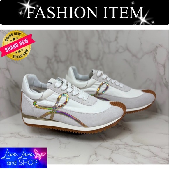 Fashion Jewelry Shoes - A-1CS-5: GYM SHOES: White & Tan Sneakers w/Iridescent Ribbon Accent, Unisex,NWOT